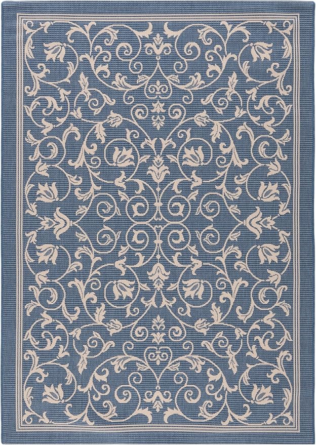 SAFAVIEH Washable Rug Outdoor Courtyard Collection - 5'3" x 7'7", Blue & Natural, Non-Shedding & Easy Cleaning, Ideal for Patio, Backyard, Mudroom (CY2098-3103)