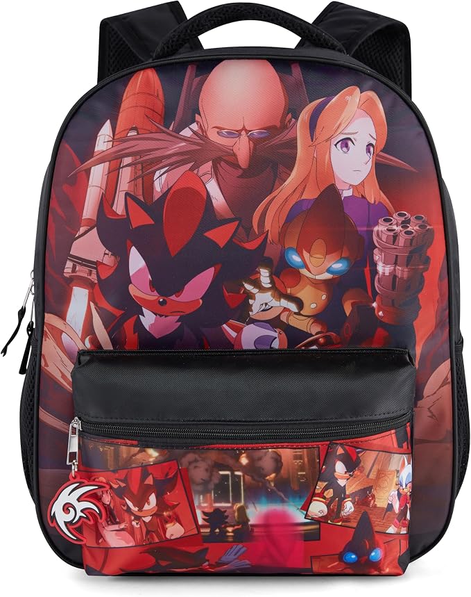 AI ACCESSORY INNOVATIONS Sonic X Shadow Generations Dark Beginnings Backpack for Girls & Boys, 16" Black Bookbag with Molded Shadow Dangle, Sublimation Print