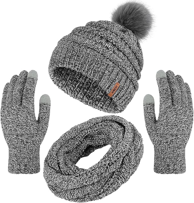Aneco Womens Winter Warm Sets Knitted Fur Pompoms Beanie Hat Circle Loop Scarf Touch Screen Gloves Winter Favor Accessories