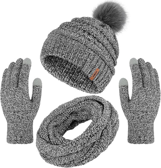 Aneco Womens Winter Warm Sets Knitted Fur Pompoms Beanie Hat Circle Loop Scarf Touch Screen Gloves Winter Favor Accessories