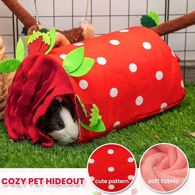 Guinea Pig Hideout, Soft Fleece Strawberry Pet Bed & Tunnel House | Cute Small Animal Bedding Cage Accessories Indoor Also for Hedgehog, Chinchilla, Hamster Sleeping