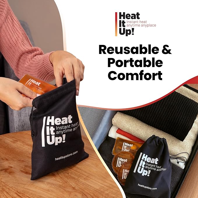 Reusable Hand Warmers – Heat It Up 8 Instant Snap Heat Packs for Hot Compress & Pain Relief – Pocket Size Reusable Heat Pack Set with Fabric Bag for Travel