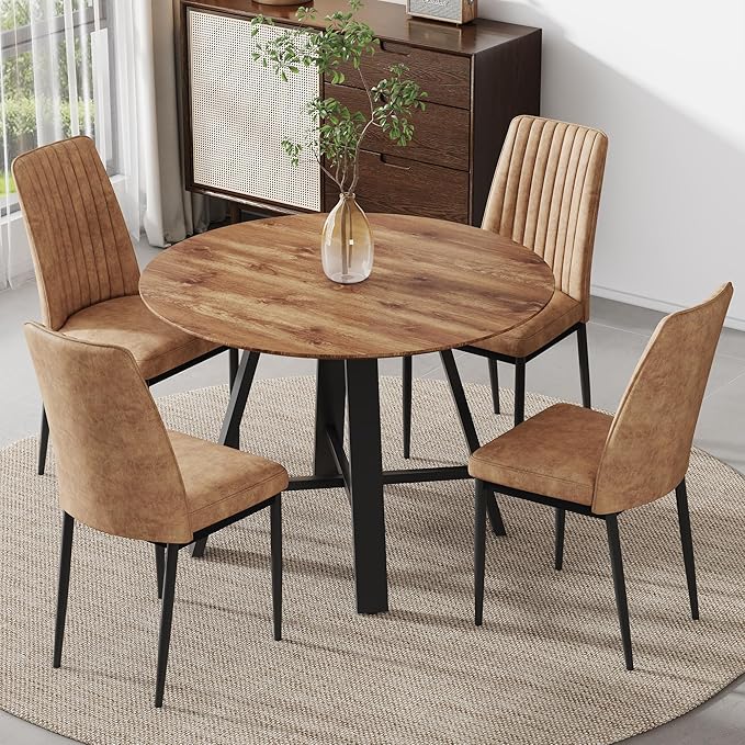 Round Dining Table Set for 4, Round Kitchen Table Chairs Set for 4,42" Modern Circle Dining Table Set for 4 with Leathaire Chairs for Small Space Kitchen Living Office Apartment