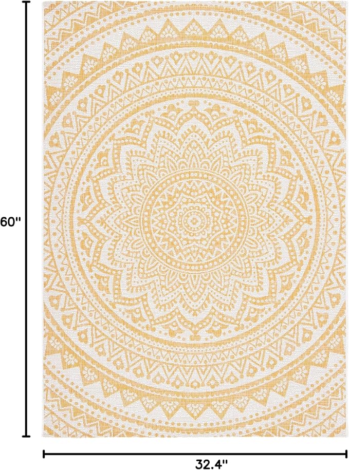 SAFAVIEH Courtyard Collection 2'7" x 5' Ivory/Gold CY8734 Indoor/ Outdoor Waterproof Easy Cleaning Patio Backyard Mudroom Area Rug