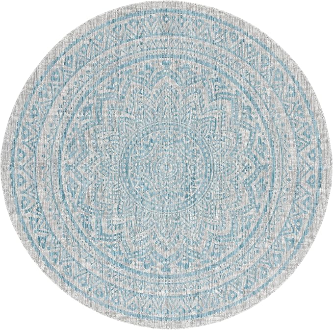 SAFAVIEH Courtyard Collection 9' Round Light Grey / Aqua CY8734 Indoor/ Outdoor Waterproof Easy Cleaning Patio Backyard Mudroom Area Rug