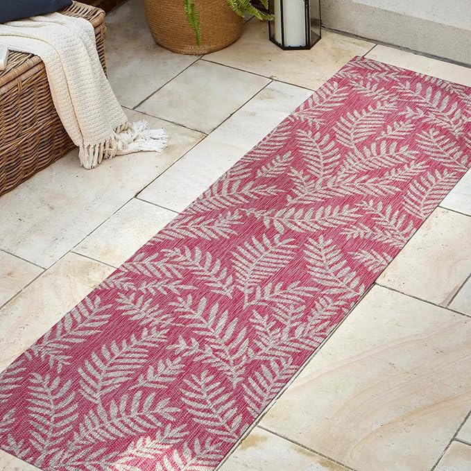 JONATHAN Y Palm Frond Indoor Outdoor Runner Rug 2X8 Fuchsia/Light Gray, Nevis for Backyard, Patio, Porch, Easy-Cleaning, High Traffic, Pet-Friendly, Non-Shedding (SMB119F-28)