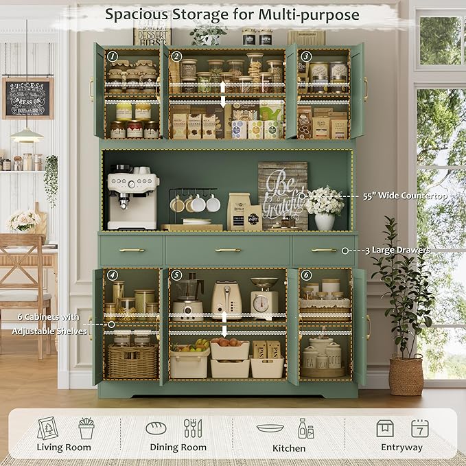 HOSTACK 71" Tall Pantry Cabinet with Charging Station, 55" Wide Kitchen Pantry Storage Cabinet with Countertop, Large Kitchen Hutch with Storage Drawers and Microwave Stand for Dining Room, Green