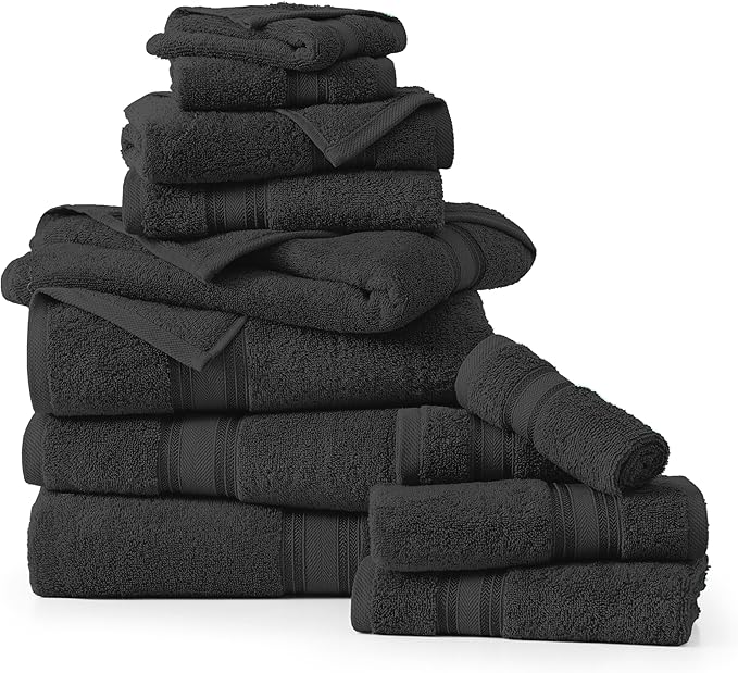 LANE LINEN 12 Pack Towels for Bathroom – 100% Ring-Spun Cotton, Zero Twist, 4 Bath, 4 Hand Towel & 4 Wash Cloths, Highly Absorbent, Remains Soft After Wash, Hotel & Spa Quality – Black