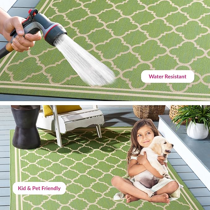 SAFAVIEH Washable Rug Outdoor Courtyard Collection - 5'3" x 7'7", Green & Beige, Non-Shedding & Easy Cleaning, Ideal for Patio, Backyard, Mudroom (CY6918-244)
