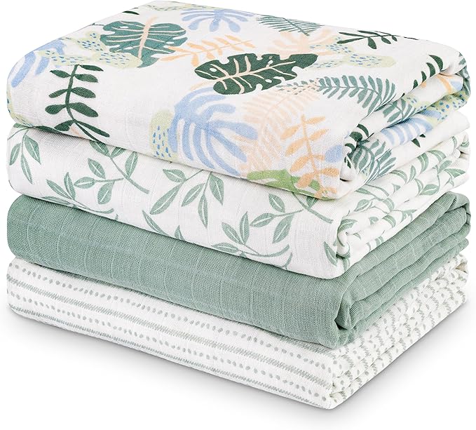 Muslin Swaddle Blankets for Newborn, 4 Pack Organic Cotton Baby Blankets Neutral, Large 31.5 x 43.3 Breathable Soft Receiving Blanket, Essentials Swaddle Wrap Burping Clothes, Sage Green