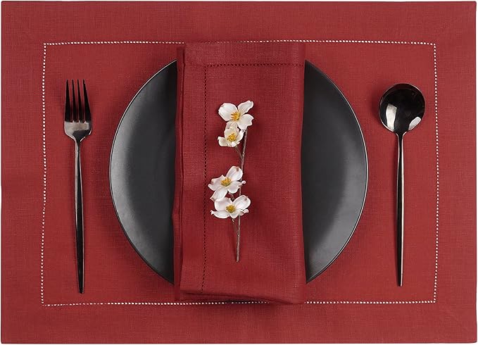D'Moksha Homes Red Linen Placemats Set of 8 - Classic Hemstitch Placemats 14 x 19 Inch - 100% Pure Linen Table Mats for Fall, Thanksgiving, Christmas, Holiday - Handcrafted and Machine Washable