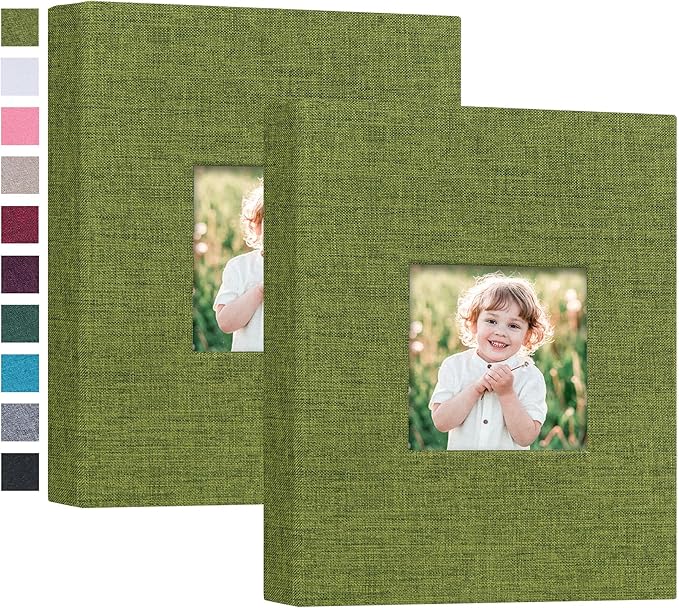 Mublalbum 2 Pack Small 5x7 Photo Album Linen Cover with Display Window Mini Picture Book Each Holds 52 Vertical Pockets for Artwork Postcards or Pictures Storage (Green)