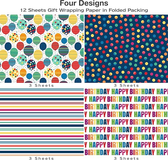 MotiGiftie Birthday Wrapping Paper for Boys Girls Women Men,12 Sheets Gift Wrapping Paper with “Happy Birthday” Polka Dots, Balloons, Colorful Stripes - Holiday Gift Wrap 20×28 Inch