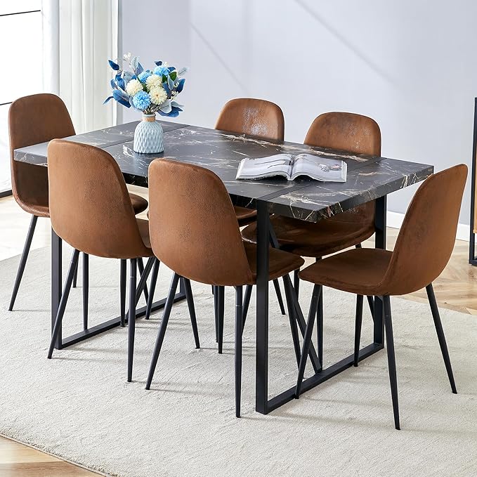 Dinner Table Set for 6,7 Piece Dining Table Set for 6,Modern 55'' Rectangle Dining Table and 6 Dining Chairs,Kitchen Table and Chairs for 6,Ideal for Kitchen Dining Room