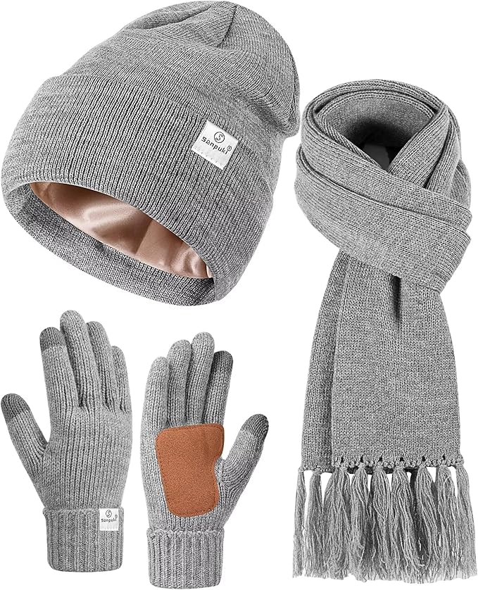 Womens Satin Lined Beanie Scarf Gloves Set, Silk Lined Winter Hats Knit Scarf Gloves, Gift Set Stocking Stuffers For Women