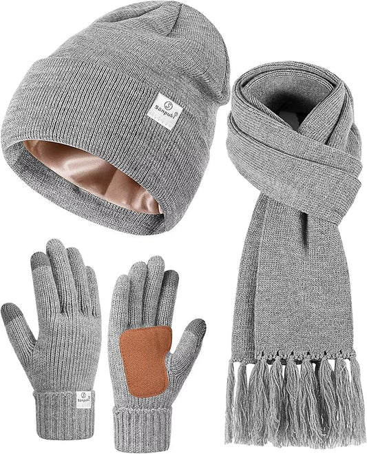 Womens Satin Lined Beanie Scarf Gloves Set, Silk Lined Winter Hats Knit Scarf Gloves, Gift Set Stocking Stuffers For Women