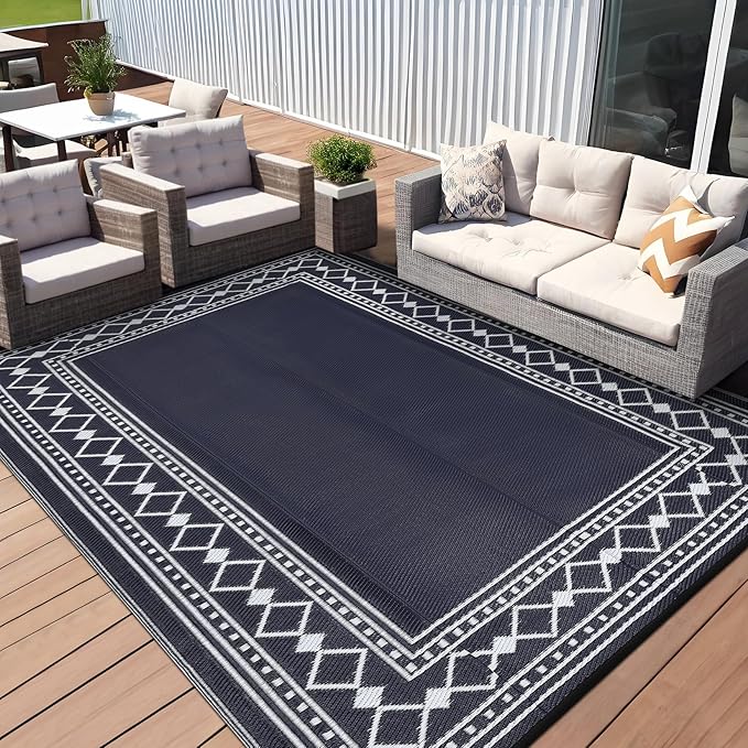 9x18 Large Outdoor Rug,Modern Bordered Plastic Straw Carpet,Waterproof Lightweight Outdoor Carpet,Easy Cleaning Folding Uv Resistant Picnic Camping Mat,Black and Blue/White