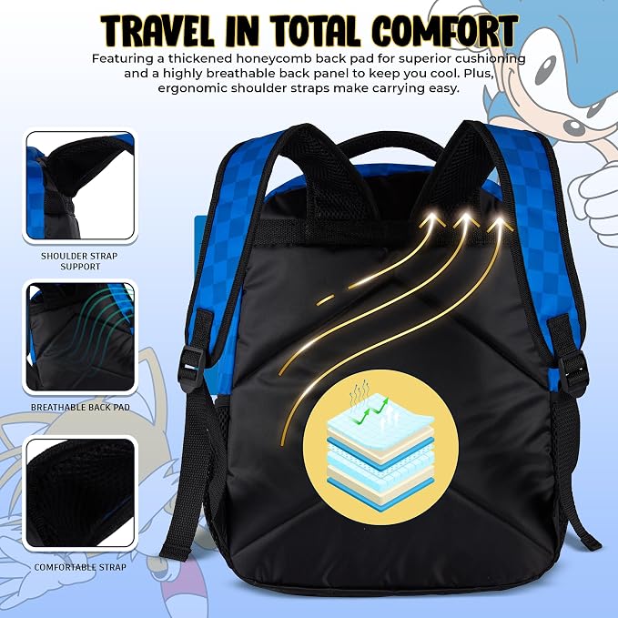 AI ACCESSORY INNOVATIONS Sonic The Hedgehog Backpack, Boys & Girls Featuring Sonic, Tails, and Knuckles,16” Bookbag w/Molded Sonic Dangle, Blue