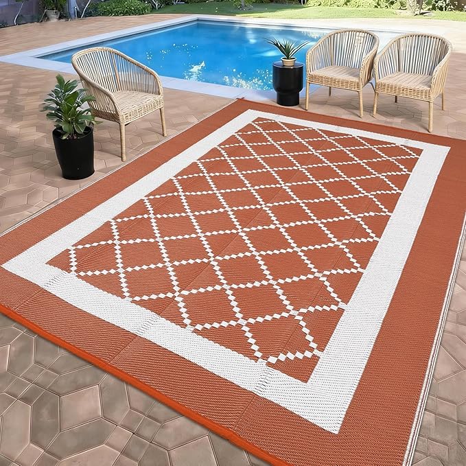 Outdoor Rug 10x20 Waterproof Reversible Mat Indoor Outdoor Plastic Straw Rus Carpet All Weather Modern Trellis RV Mat Carpet for Patio Deck Balcony Pool Picnic Orange/White