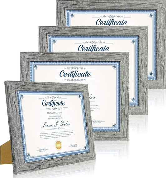 8.5 x 11 Picture Frame Set of 4, Made of Real Glass and Grey Certificate & Diploma Frame, 8.5 by 11 Photo for Wall or Tabletop - Display Picture 6x8 with Mat or 8.5x11 Without Mat