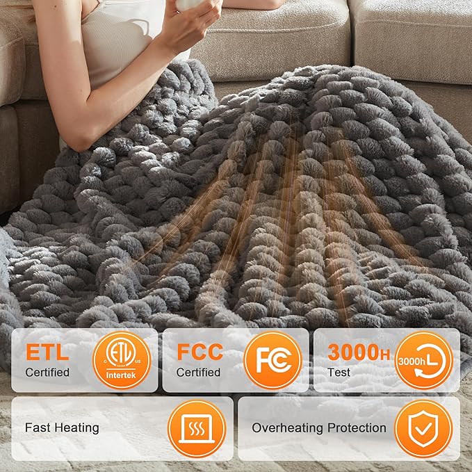 Heated Throw Blanket - Fast Heating 3D Jacquard Electric Heated Blanket, Cozy Heating Blanket with 6 Heating Settings & 4 Hours Auto-Off, Machine Washable, 50"x60", London Grey