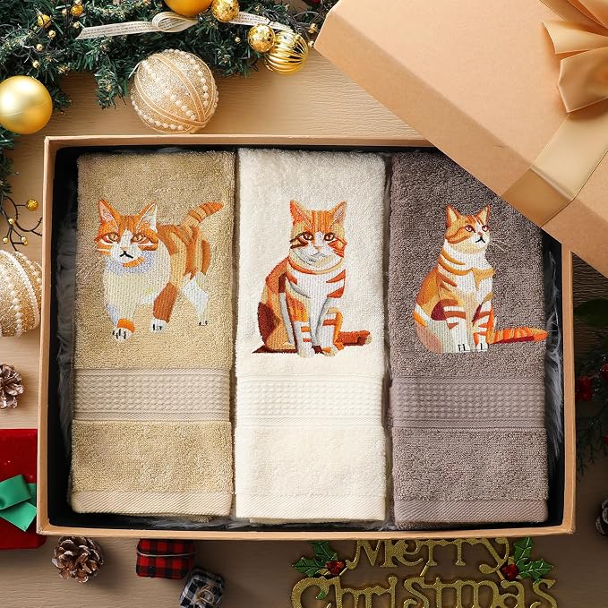 3 Pcs Orange Cat Hand Towels Bathroom Sets Decor | Cute Orange Cat Lover Gifts, Funny Decorative Farmhouse, 100% Cotton, Embroidered Towels for Bathroom Kitchen 13.3 x 29.5''