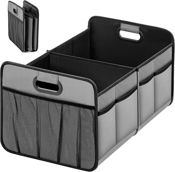 Simple Deluxe Car Trunk Organizer, Collapsible 2 Compartments Trunk Storage, Anti-slip Design, Made of Waterproof 600D Oxford Polyester, Suitable for SUV, Minivan, Truck, Standard Size, Grey