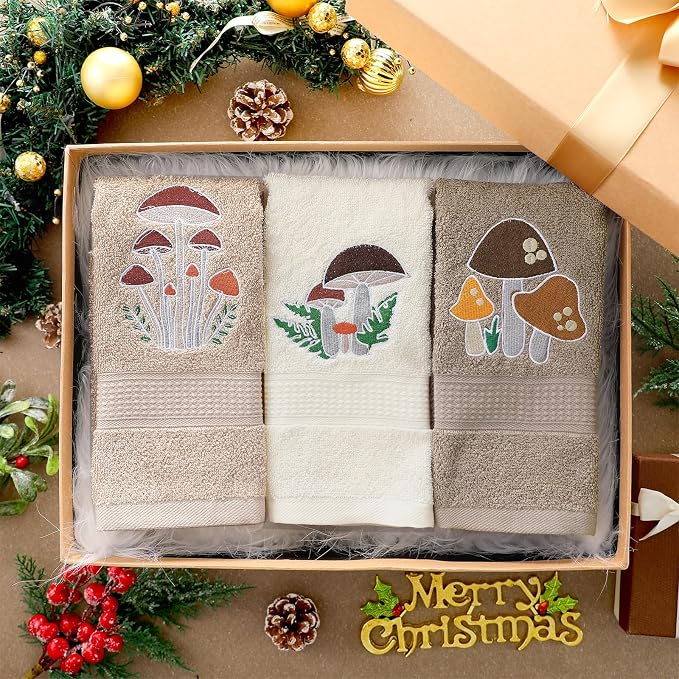 3 Pcs Mushroom Decorative Hand Towels for Bathroom Decor | Mushroom Kitchen Towels Set, Farmhouse 100% Cotton, Embroidered Towel for Bathroom Kitchen 13.3 x 29.5''