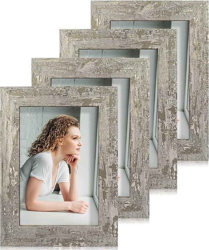 iRahmen 4x6 Picture Frame set of 4, High Definition Glass Distressed Moss Green Frame, 4 x 6 Wood Photo Frames for Desktop Display and Wall Mounting