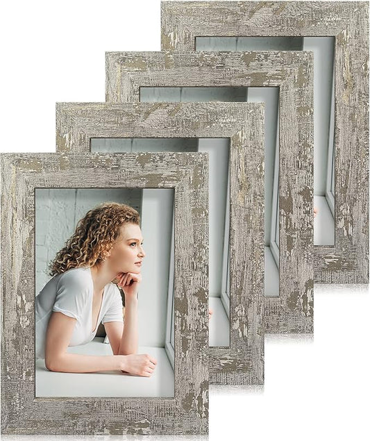 iRahmen 4x6 Picture Frame set of 4, High Definition Glass Distressed Moss Green Frame, 4 x 6 Wood Photo Frames for Desktop Display and Wall Mounting
