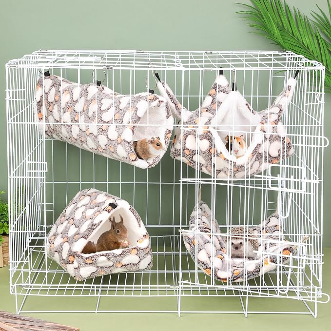 MCEAST 4 Pieces Small Pets Cage Accessories Hanging Hammock Sleeping Bag Tunnel and Bed Hideout Set Warm Sleep Nap Sack Bed for Hamster Ferret Squirrel Rabbit, Coffee Hearts