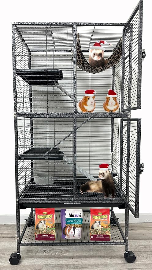 Two Full Story Deluxe Double Unit Critter Home Cage Double Durable Front Doors Safety Lock Tight 1/2-inch Wire Spacing for Feisty Ferret Hammock Chinchilla Cat Rat Gerbil Sugar Glider On Wheels