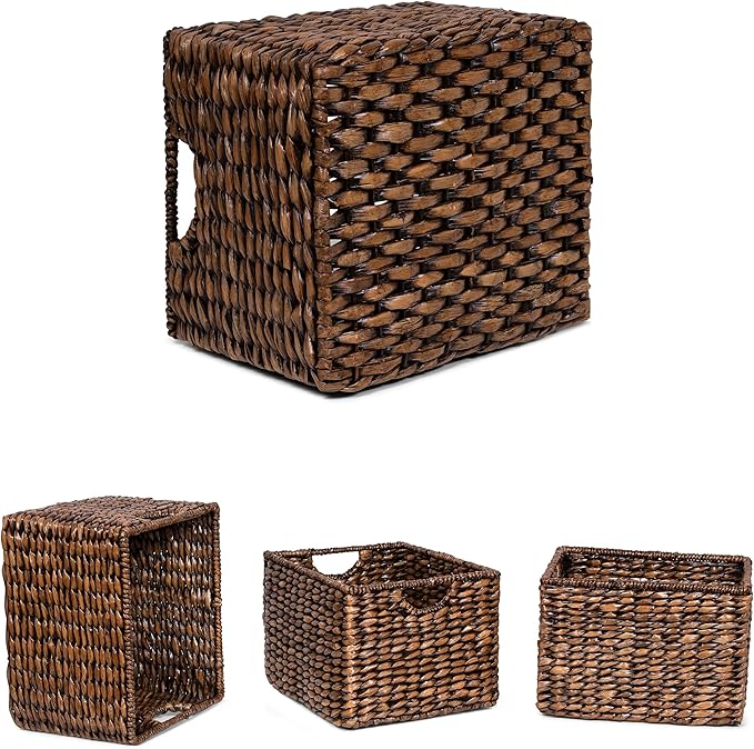 BIRDROCK HOME Storage Shelf Organizer Baskets with Handles - Handwoven Abaca Seagrass Wicker Basket for Pantry, Living Room, Office & Bathroom, Versatile Under Shelf Storage - Set of 3, Brown Wash