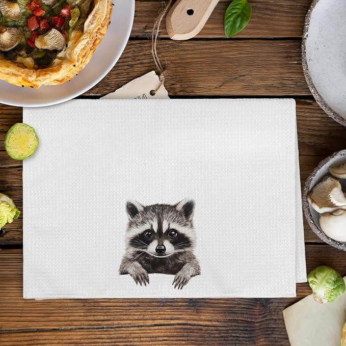 Funny Raccoon Kitchen Towels and Dishcloths Sets of 2, Raccoon Decor Gifts, Woodsy Rustic Cabin Lodge Forest Animal Nursery Home Decor Dish Hand Tea Towels for Bathroom Kitchen, 16x24 Inches