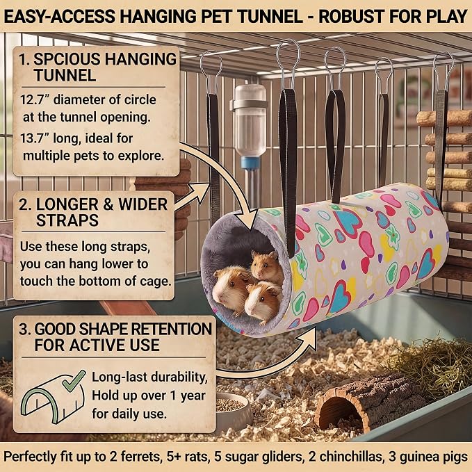 petonfun 2 Pack Ferret Rat Hammock Tunnel for Cage Accessories Toy Bed,Grey | Large Size, Wider Tube, Double Sided, Durable & Soft, Hideout for Guinea Pig & Chinchilla to Hide, Suitable for Small Animals