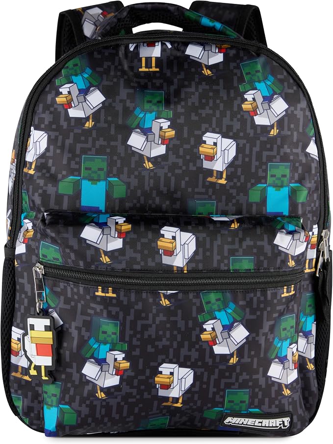 AI ACCESSORY INNOVATIONS Minecraft Chicken Jockey Boys & Girls Backpack, 16” Bookbag w/Molded Chicken Rubber Dangle