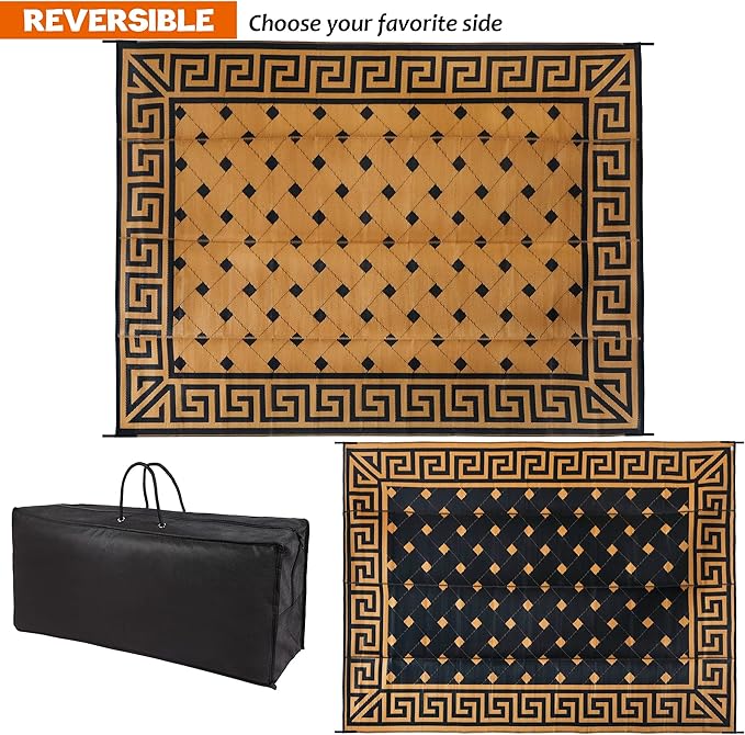 SAND MINE Reversible Mats, Plastic Straw Rug, Modern Area Rug, Large Floor Mat and Rug for Outdoors, RV, Patio, Backyard, Deck, Picnic, Beach, Trailer, Camping (9' x 12', Brown & Black)