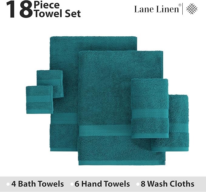 LANE LINEN 100% Ring Spun Cotton Bath Towel Set, 18PCs - 8 Washcloths, 4 Shower Towels, 6 Hand Towels for Bathroom - Hotel Quality Softness & Oeko-Tex Certified, Ultra Absorbent - Sea Port