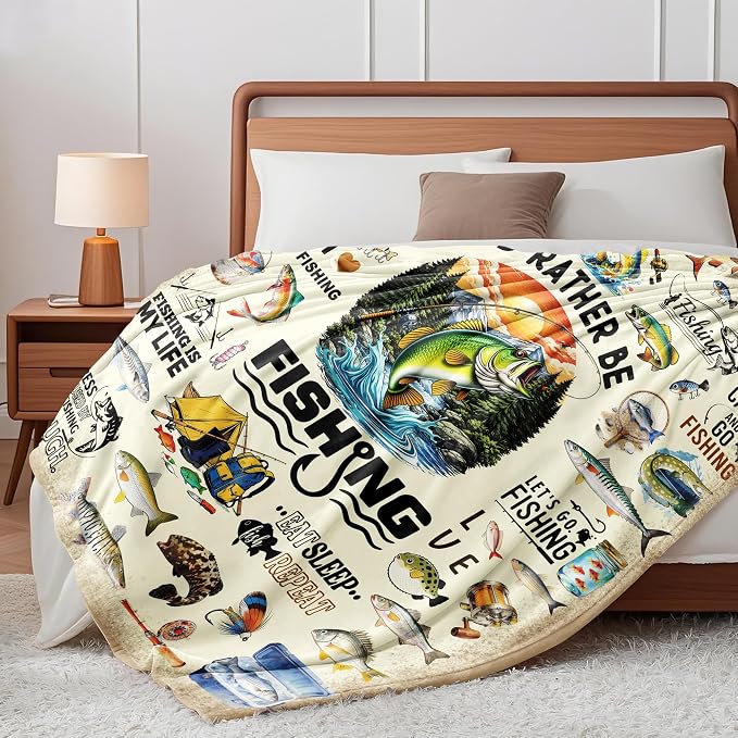 Fishing Blanket Gifts for Men Soft Flannel Fishing Throw Blanket Funny Fish Gift Merch Stuff for Boys Fisherman 50"X40"