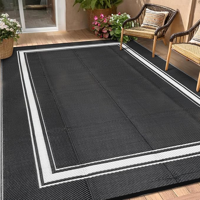 Outdoor Rugs 8x10 for Patio Waterproof Floor Mats Modern Bordered Plastic Straw Large Area Rugs Lightweight Reversible Mat Carpet for RV Backyard Balcony Porch Black/White