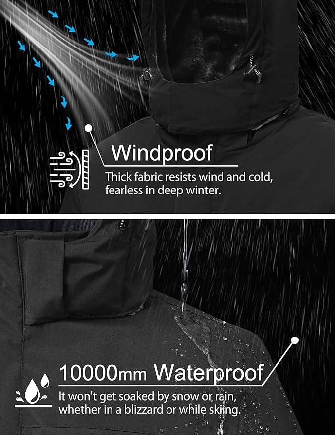 Mens Winter Snow Jacket Waterproof Ski Jackets Snowboard Rain Warm Coat Insulated Hood Fleece Lined