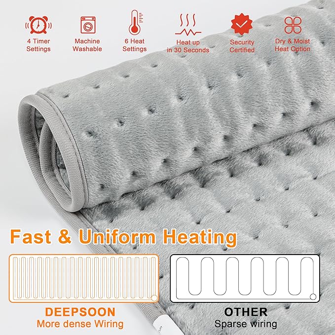 Deepsoon Heating Pad,Electric Heating Pads for Back,Neck,Abdomen,Moist Heating Pad for Shoulder,Knee,Arms,Legs,Dry/Moist Heat & Auto Shut Off,Christmas Gifts for Men and Women,Silver,24x12 Inch