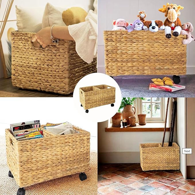 PEMAR Rolling Wicker Storage Basket Set of 2 – Natural Water Hyacinth & Seagrass Bins on Wheels with Removable Divider & Insert Handles – Nesting Design for Under Desk, Home & Office Organization