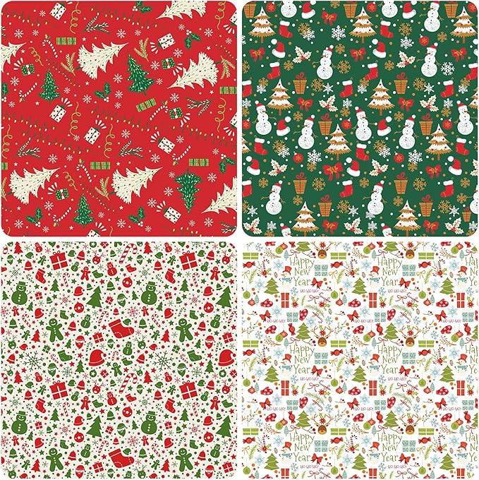 PlandRichW Christmas Wrapping Paper Folded for Kids Boys Girls Man Women Gift's. Papercraft Snowmen, Candy Canes, Tree, Socks, Snowflakes, Happy New Year Bulk of 12 Sheets 20"x 29" Folded