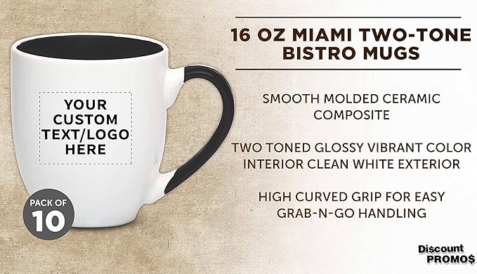 Custom Bistro Style Large Coffee Mugs 16 oz. Set of 10, Personalized Bulk Pack - Perfect for Coffee, Tea, Espresso, Hot Cocoa, Other Beverages - Black