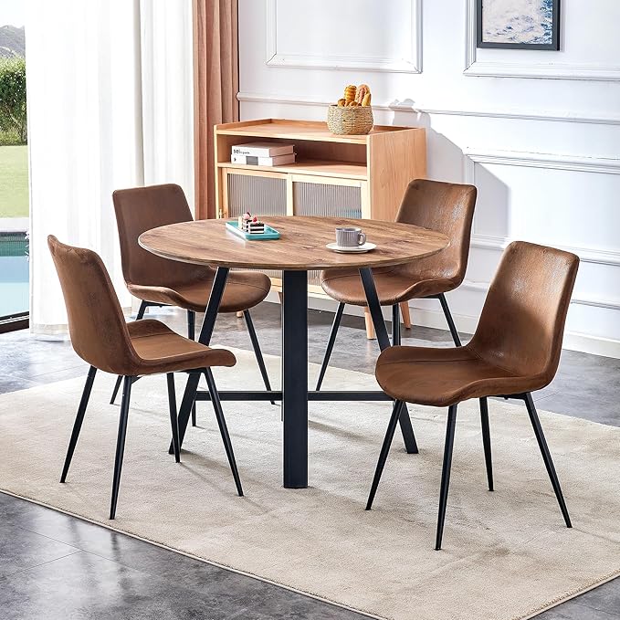 Round Dining Table Set for 4, Modern Kitchen Dining Table Chairs Set for 4,42" Wood Dining Room Table Set & Upholstered Brown PU Leather Chairs for Kitchen Living Office Cafe Small Space