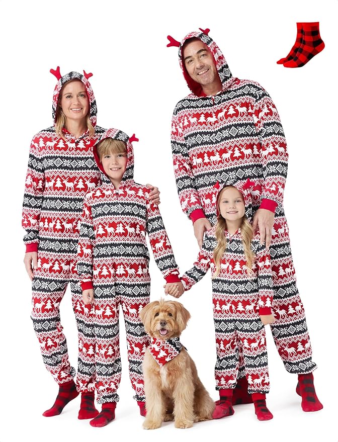 PATPAT Matching Family Christmas Onesie Pajamas – Holiday Hooded Jumpsuit Sleepwear PJs Couples Xmas Loungewear with Socks