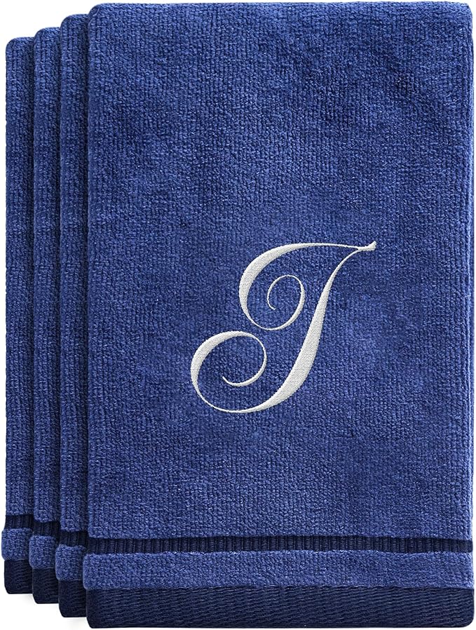 Creative Scents Navy Blue Monogrammed Towels with Initials - 4 Pack Super Absorbent Bathroom Fingertip Cotton Towel with Soft Velour Finish - Personalized Gifts for Freinds & Family 11"x18" Initial J