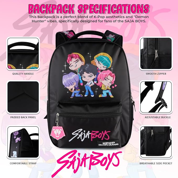 AI ACCESSORY INNOVATIONS K-Pop Demon Hunters Chibi Saja Boys 16” Backpack for Girls, Featuring Jinu, Abby, Mystery, Romance, & Baby, Saja Rubber Molded Bag Charm, Saja Boys