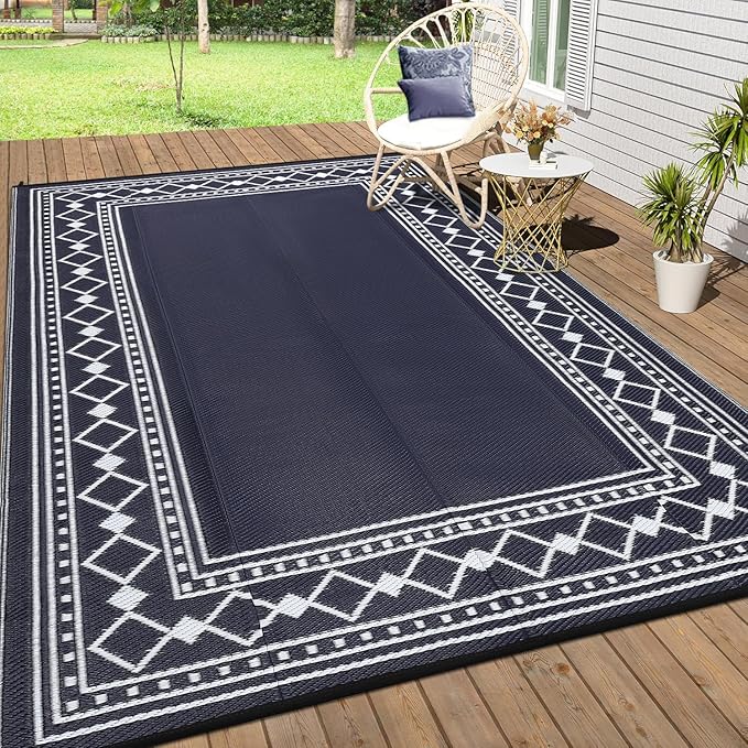 9x18 Large Outdoor Rug,Modern Bordered Plastic Straw Carpet,Waterproof Lightweight Outdoor Carpet,Easy Cleaning Folding Uv Resistant Picnic Camping Mat,Black and Blue/White